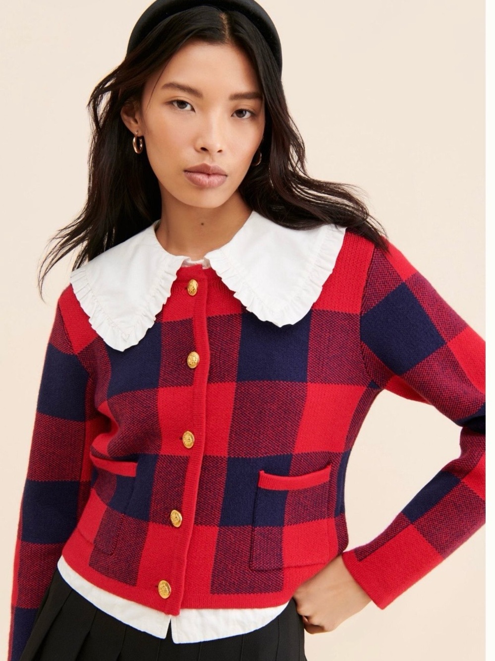 Red & Navy Buffalo Check Button-Up Cardigan with Contrast Collar